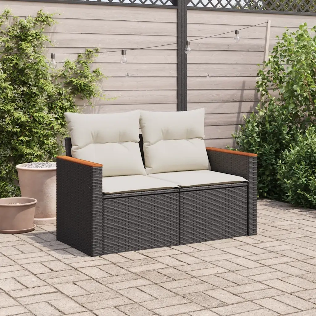 Divano da Giardino con Cuscini a 2 Posti-Sofa da Giardino-Divano da esterno Nero in Polyrattan 174906