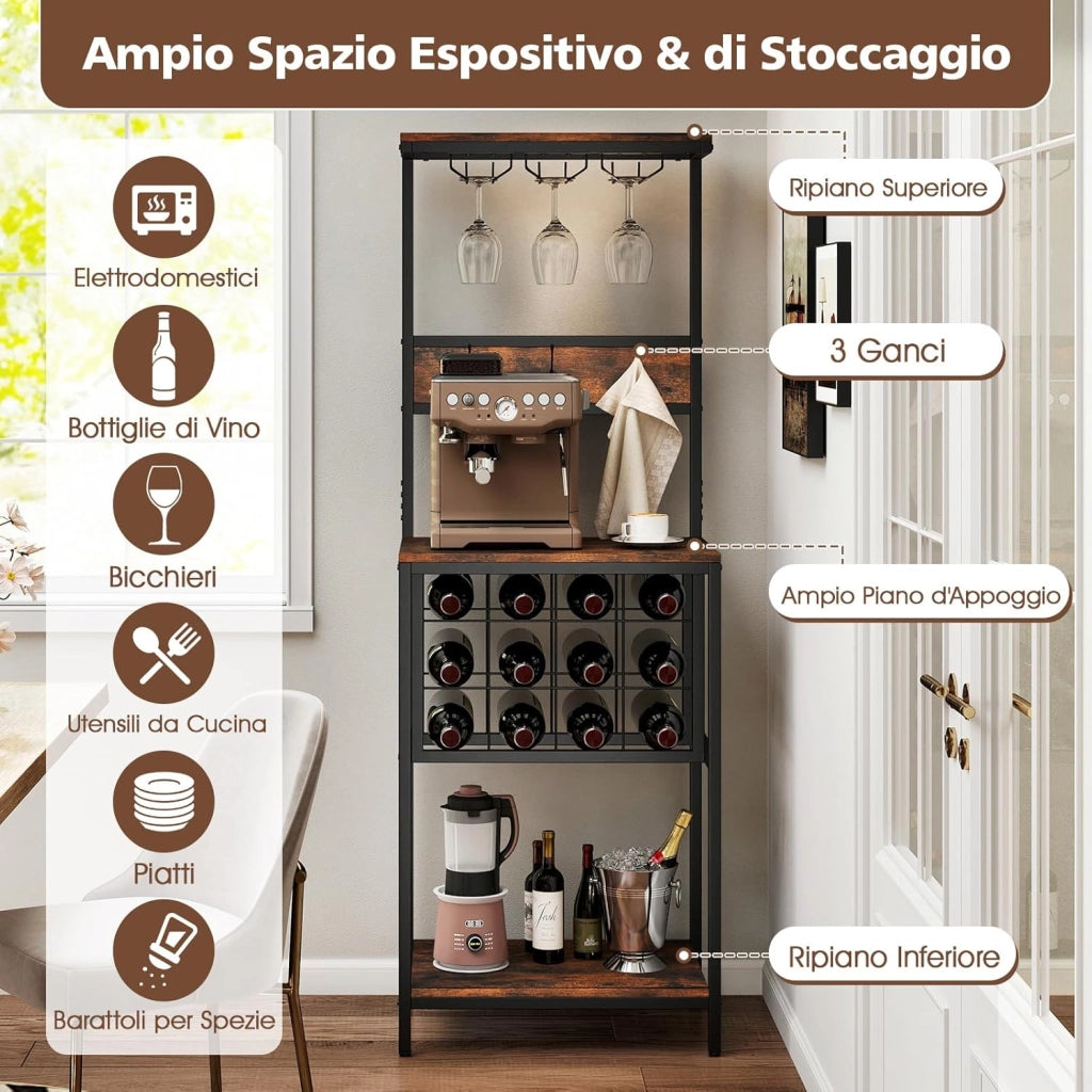 Portabottiglie da Terra per 12 Bottiglie, Portabottiglie da Vino con Supporto per Bicchieri, Ganci e Mensola per Stoccaggio, Struttura Metallica, Capacità di carico 150 kg
