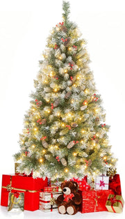 Albero di Natale Pre-Illuminato 150/195 cm, Albero di Natale con 200/420 Luci LED Bianche Calde, 8 Modalità di Illuminazione, 450/909 Punte di Ramo, Bacche Rosse e Pigne (150 cm)