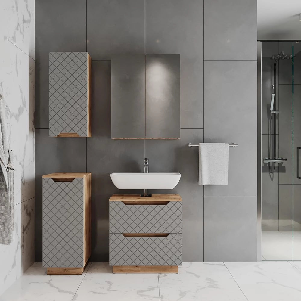 Set di mobili da bagno Lotta, Rovere/grigio con struttura in piastrelle, 4 parti