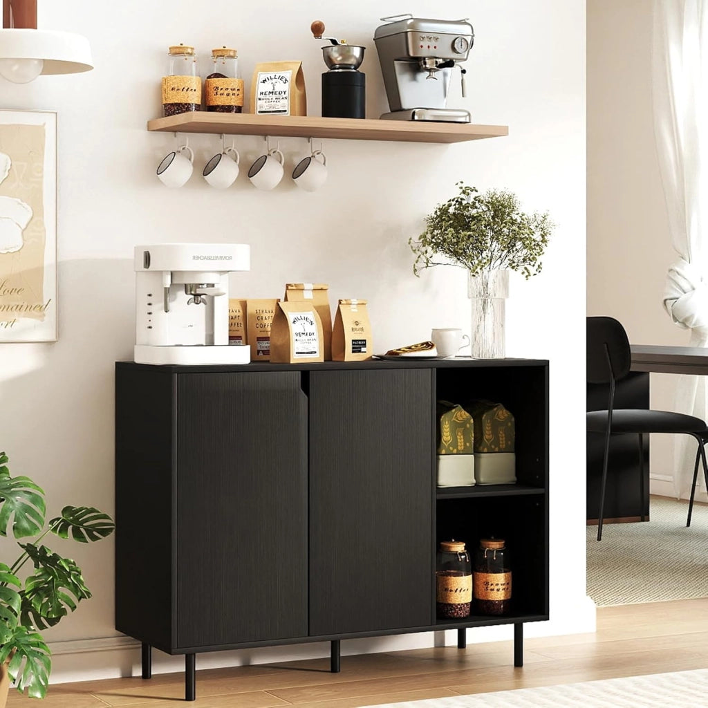 Credenza a buffet da cucina con 2 ante, armadio con ripiani regolabili e gambe metalliche, 106 x 38 x 80 cm, con kit antiribaltamento, mobile per sala da pranzo, soggiorno (nero)