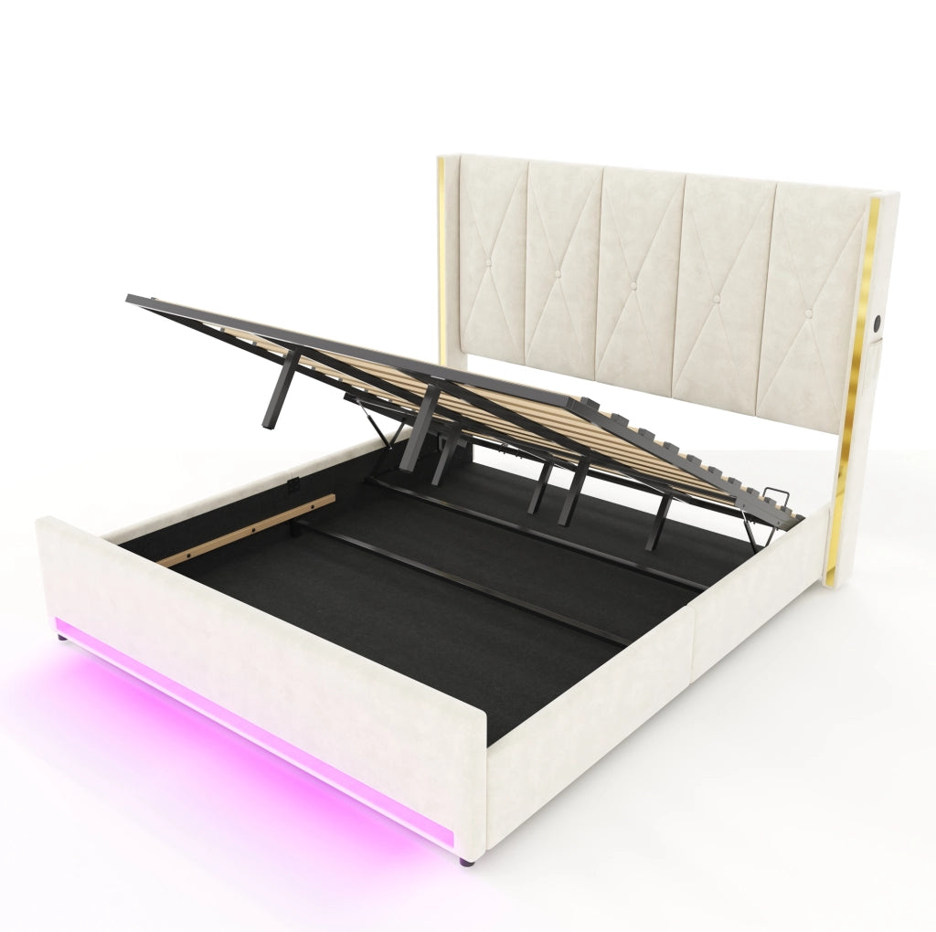 Letto matrimoniale 180x200 cm in velluto beige con testiera alta; LED; USB e contenitore