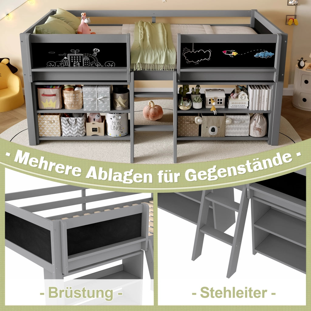 OKWISH Letto a soppalco 90×200 cm, Letto Singolo con Mensole Portaoggetti, Lavagna e Sponda di Sicurezza, senza Materasso, in Pino, Grigio
