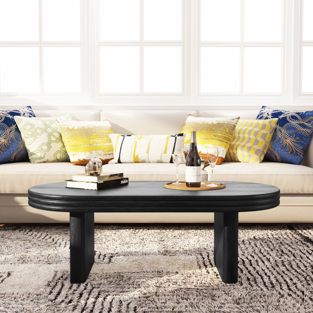 OKWISH Tavolino da Caffè Ovale con Piano Elegante, per Soggiorno o Ufficio, MDF con Impiallacciatura in Legno, Nero, 120 × 60 × 41.5 cm