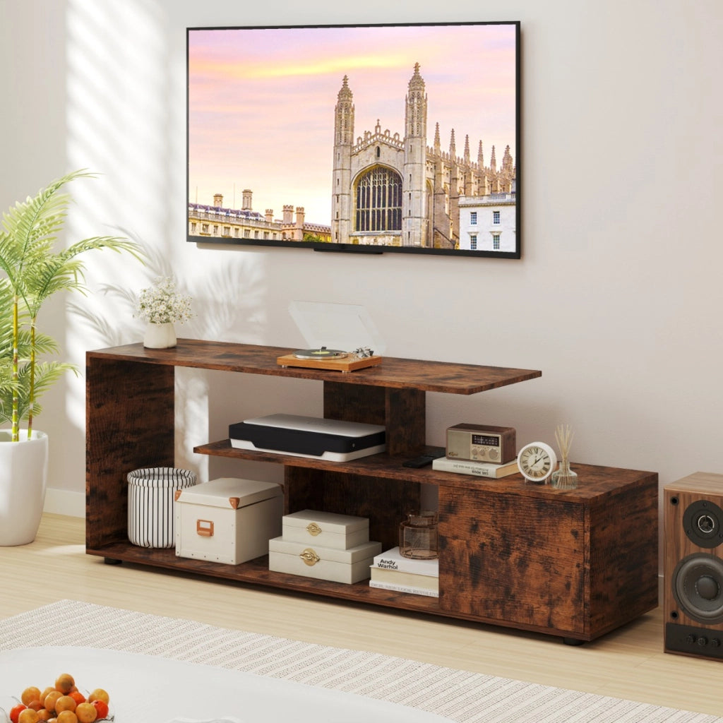 Supporto per TV con ripiani di stoccaggio e armadietto, Console media a 3 ripiani asimmetrici per soggiorno Marrone