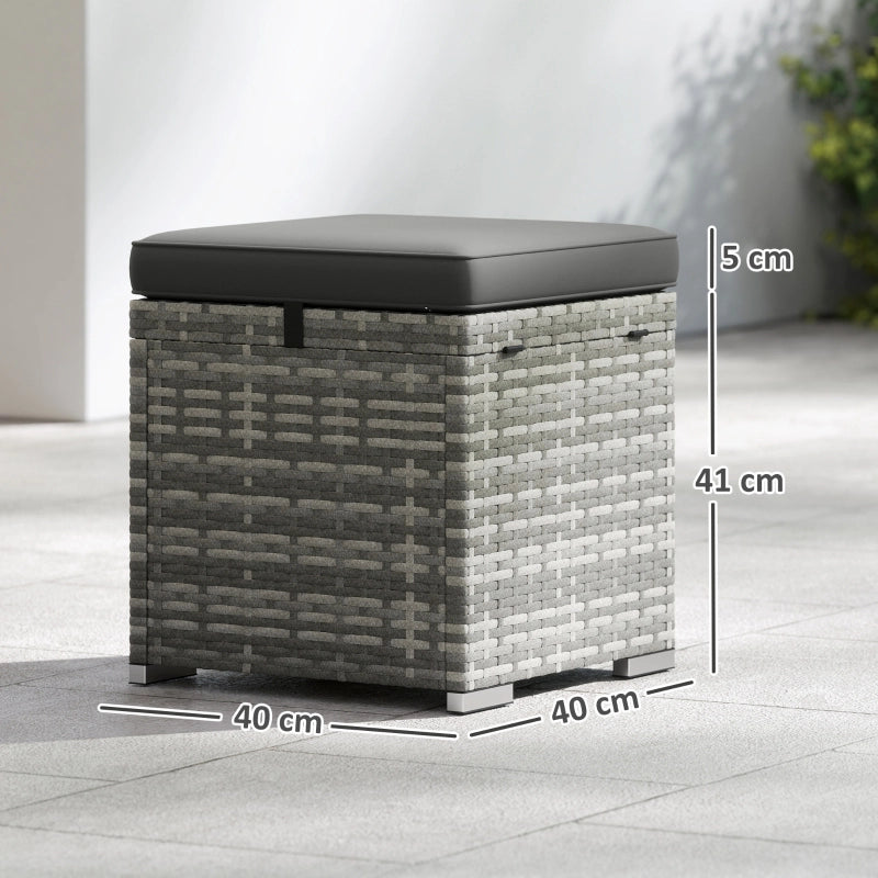 Set di 2 sgabelli effetto rattan con vano contenitore e cuscini realizzati in rattan grigio scuro.