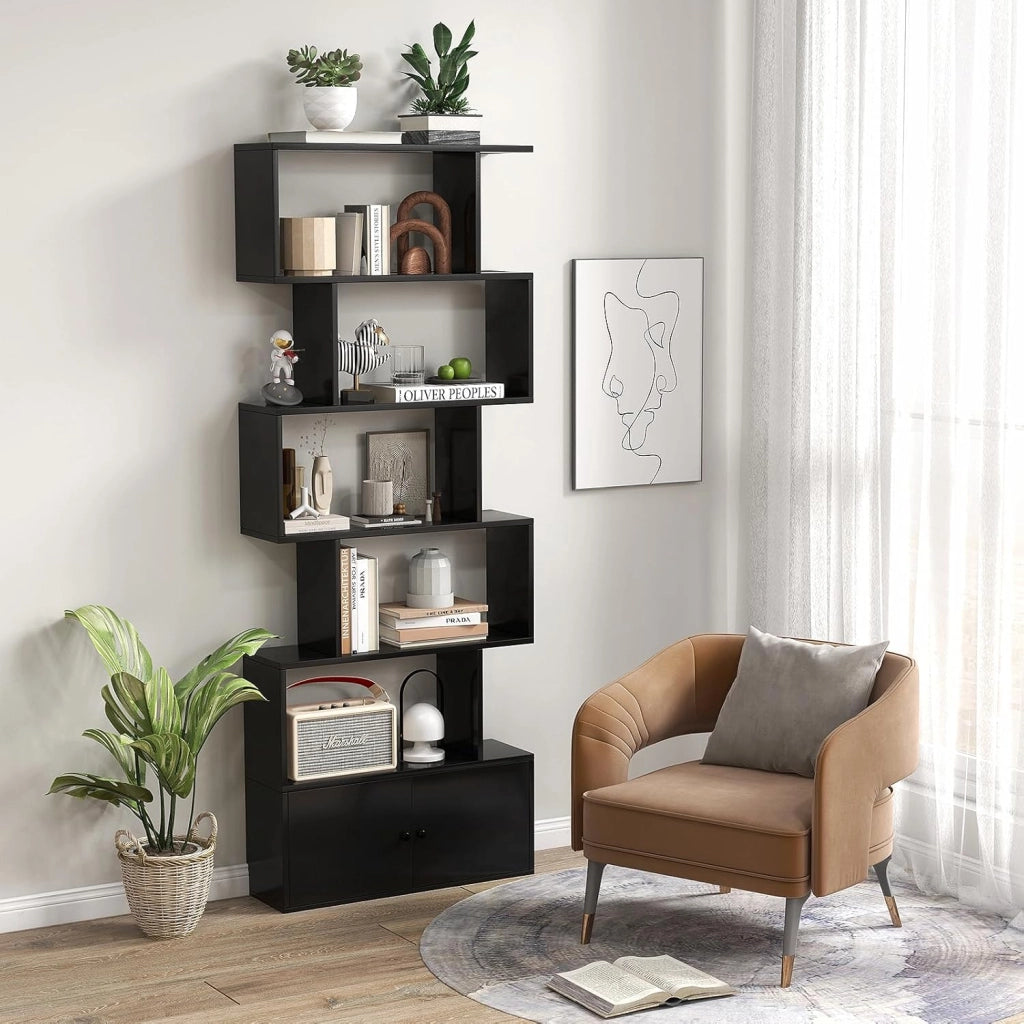 Scaffale a 6 Ripiani con cassetto, Libreria Autoportante, Scaffale da Terra, Design Moderno, 70 x 23 x 183 cm, Bianco/Marrone/Nero (Nero)