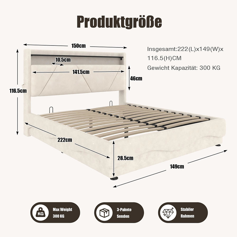 Letto 140x200cm imbottito - Xylo - LED USB tasche laterali idraulico