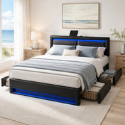 LETTO imbottito 140x200 cm PU nero con USB, LED e 4 cassetti