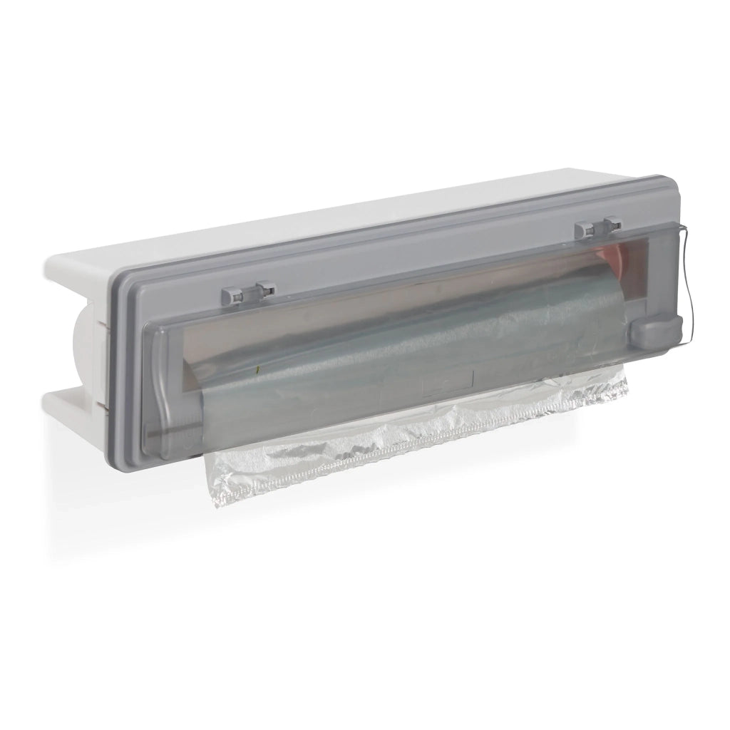 Pratico dispenser per pellicola alimentare da cucina regolabile con finestrella di visualizzazione in stile moderno in plastica bianca 13_0013469