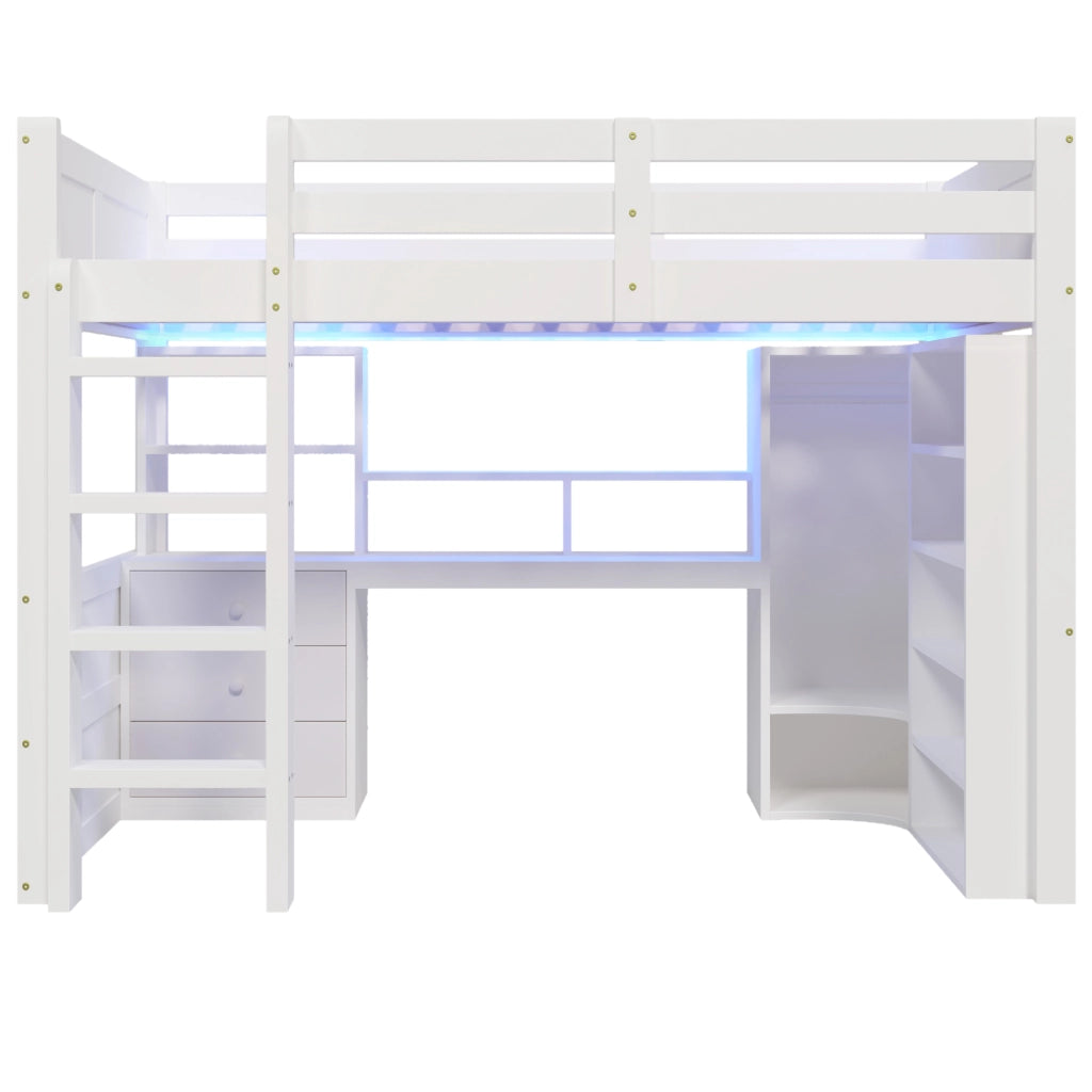 Letto a castello bianco in pino con luci LED armadio scrivania e cassetti 140x200 cm