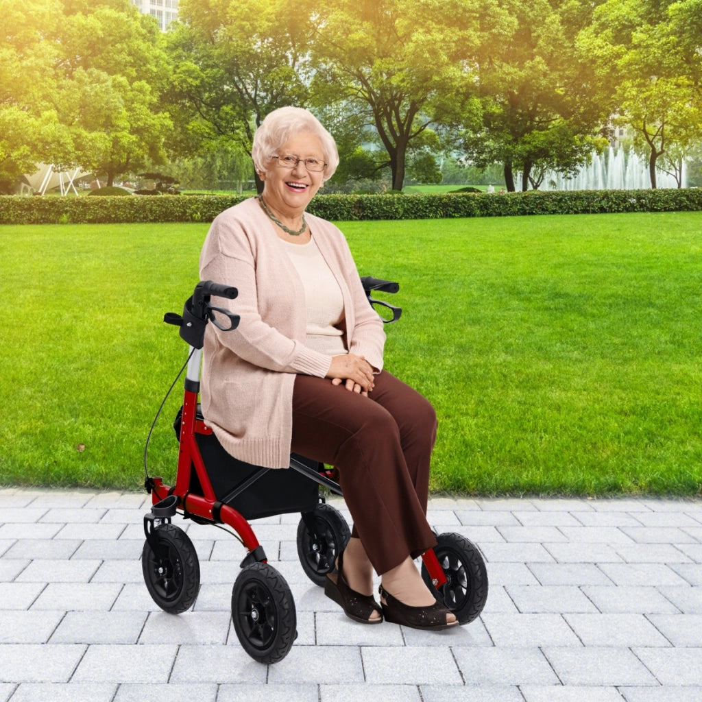 Rollator walker regolabile in altezza con seduta ruota pneumatica da 24 cm borsa portaoggetti, Rollator pieghevole Rosso-Salute e bellezza