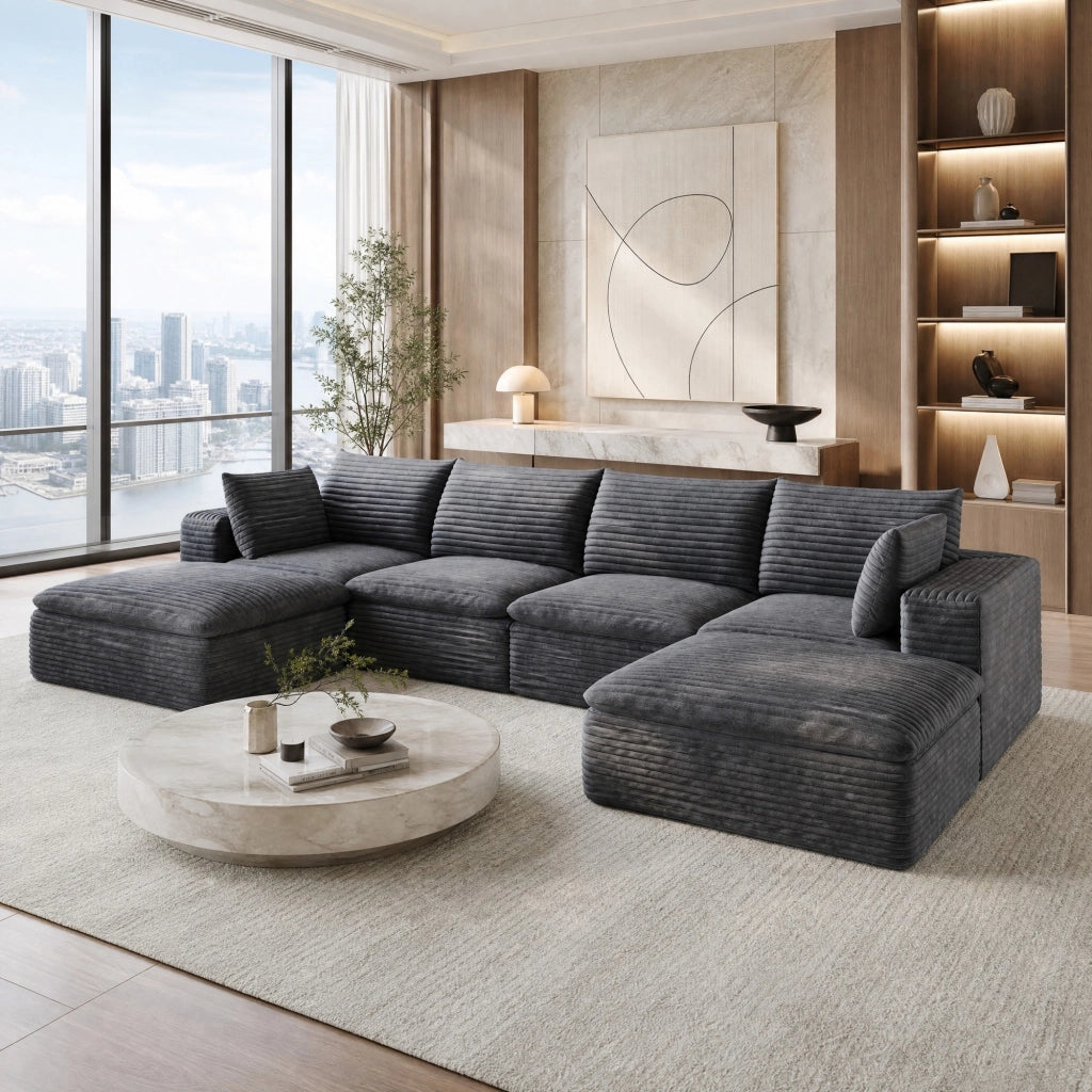 Divano modulare in tessuto grigio scuro con imbottitura in schiuma e design componibile