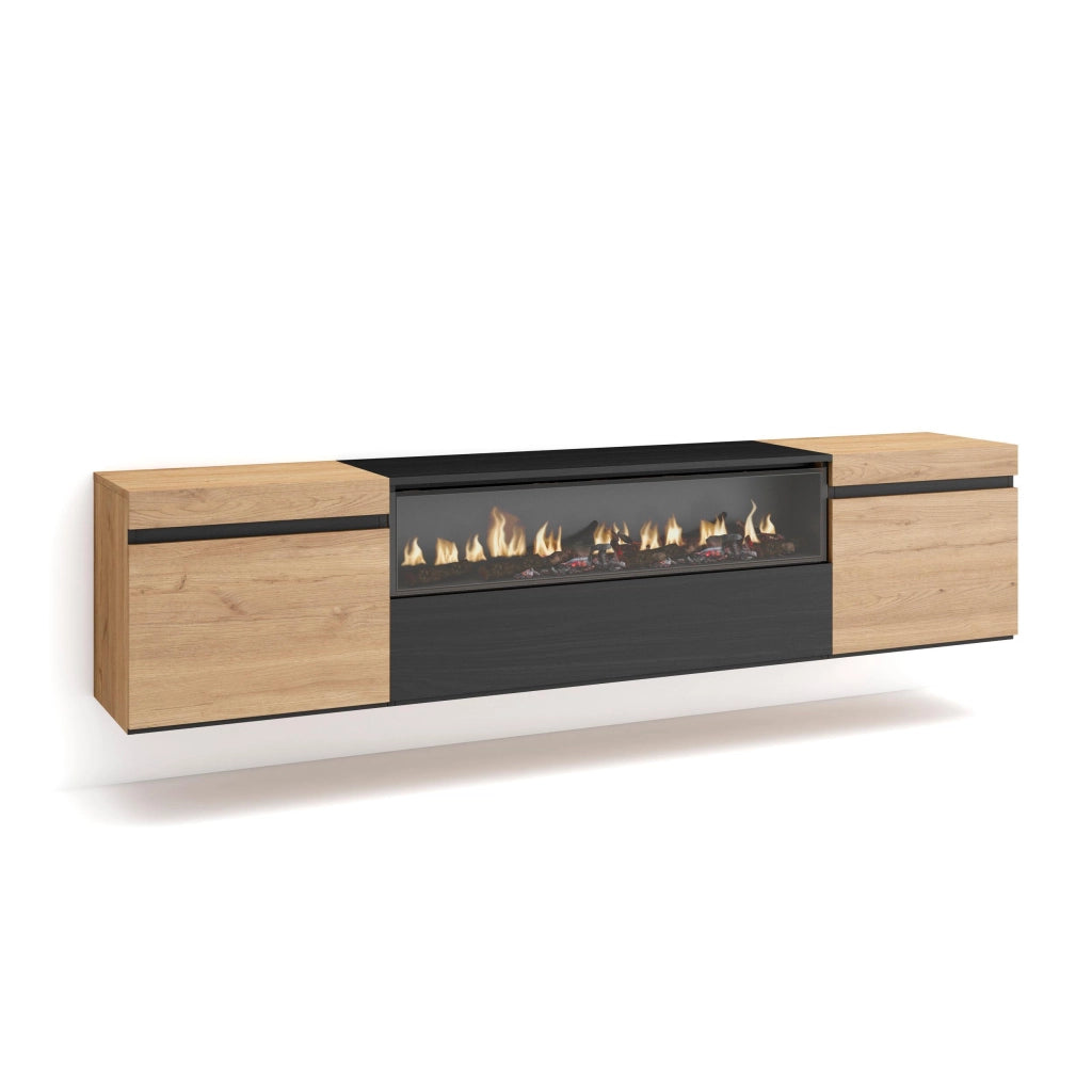 Mobile TV, 200x35x45cm, soggiorno, Per TV fino a 80", Camino elettrico, da appendere, colore Rovere e nero RF2261