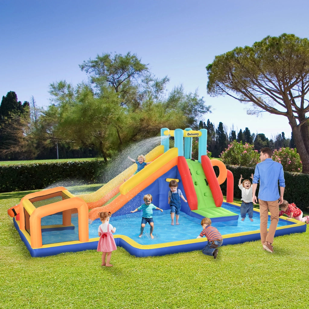 Casetta per Bambini 3-8 Anni con Scivolo, Parete, Porta e Canestro ¨C Zephmum ¨C 590x460x220 cm