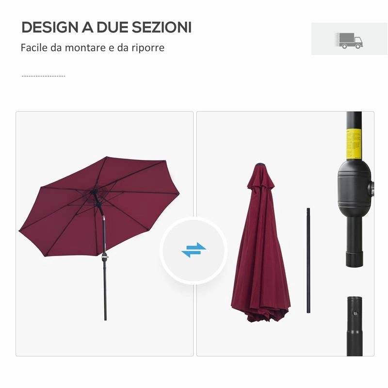OMBRELLONE ROTONDO E REGOLABILE CON MANOVELLA IN POLIESTERE METALLO E FIBRA DI VETRO Ø 265X240 CM ROSSO E NERO