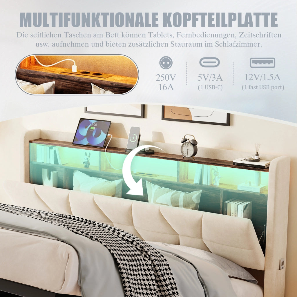 Letto matrimoniale 140 × 190 cm con testiera contenitore, LED, USB e Type-C, senza materasso, in velluto beige