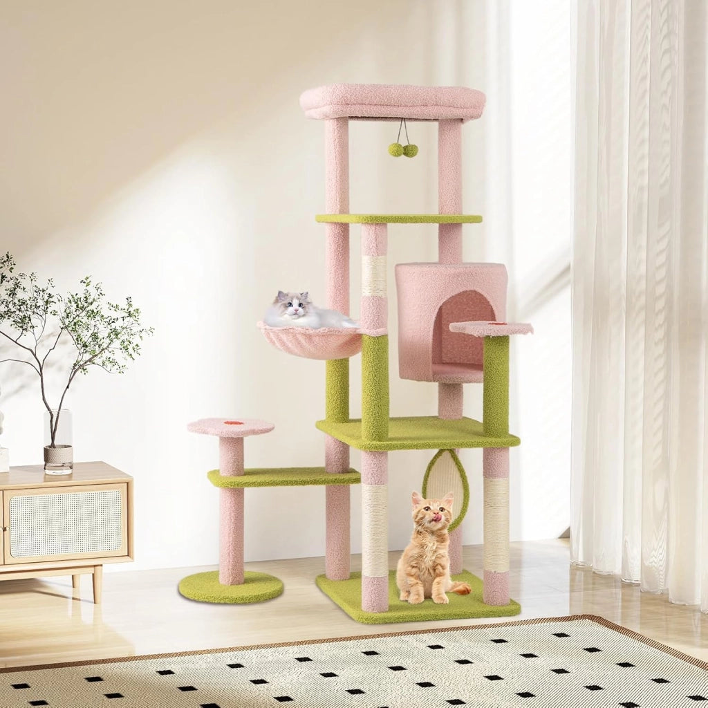 Tiragraffi per Gatto Alto 150 cm Stile Floreale, Albero Tiragraffi Gatti con Pali in Sisal, Piattaforme, Grotta e Pompon, Torre Gatto Rivestito in Peluche, Rosa e Verde