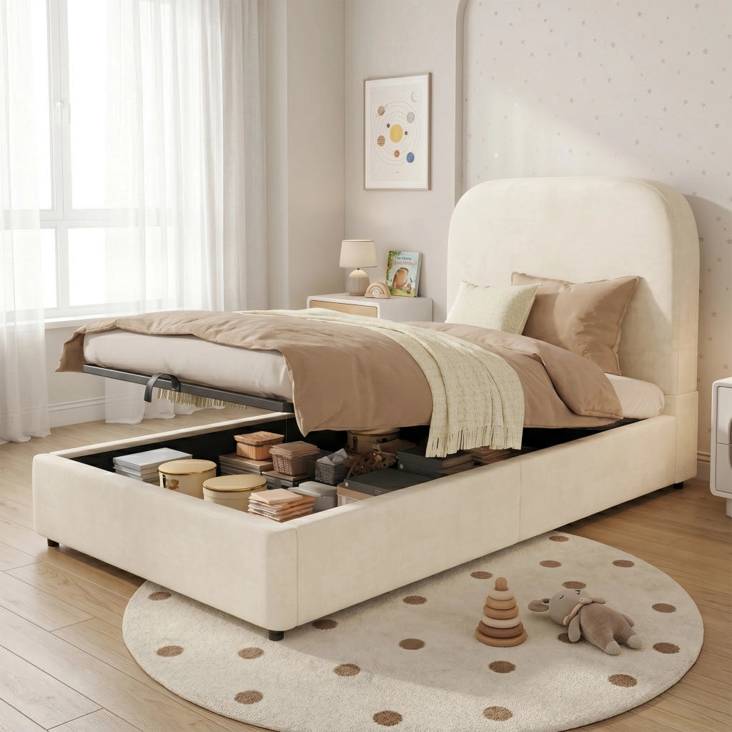 Letto Contenitore Singolo Imbottito ¨C MINIMAL ¨C Velluto Beige, Testiera, Rete a Doghe, 90x190