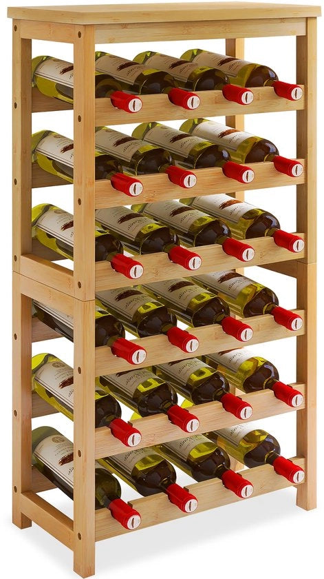 Vasca da parete per 24 bottiglie con tavolo, 6 livelli di display per vino in bambù, organizzatore per bottiglie indipendente con barre Wave per cucina, armadio e cantina, naturale