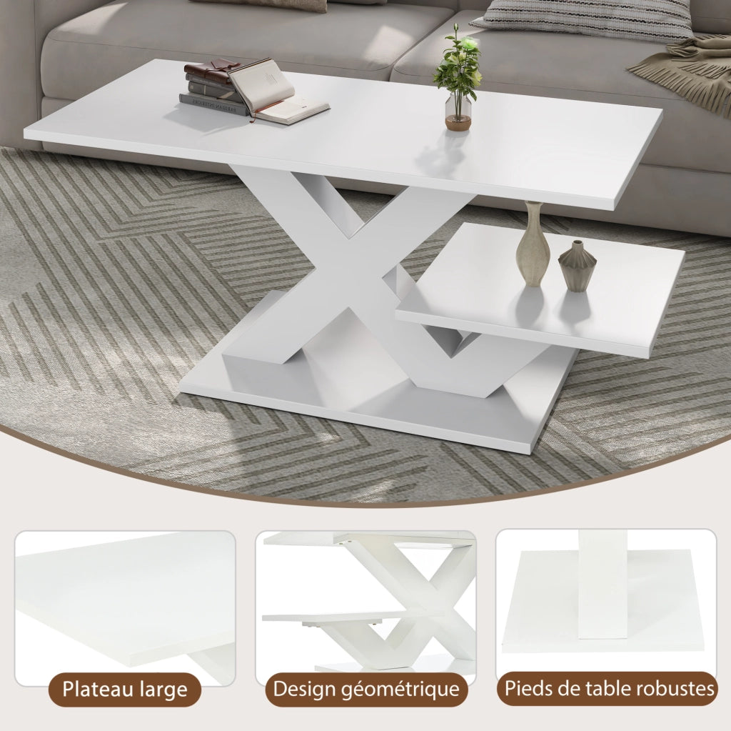 Tavolino da caffè rettangolare bianco lucido 100x48x45 cm in MDF con doppio ripiano
