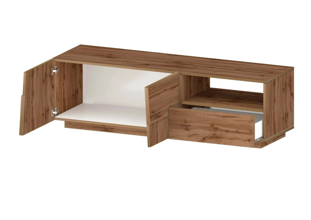 Mobile porta TV Cecia, Credenza bassa da soggiorno con 2 ante e 1 cassetto, Base porta TV, 150x44h46 cm, Rovere