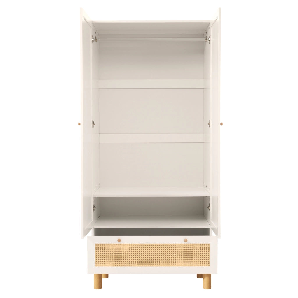 Armadio Guardaroba Bianco 180×85×52 cm con 2 Ante in Rattan; Barra Appendabiti; Ripiani Regolabili e Cassetto