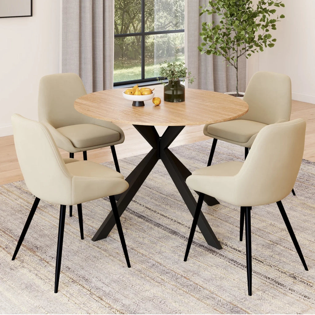 IDMarket - Set di tavolo da pranzo rotondo allungabile ALIX in legno e nero da 110-150 cm e 4 sedie in velluto beige THALYA