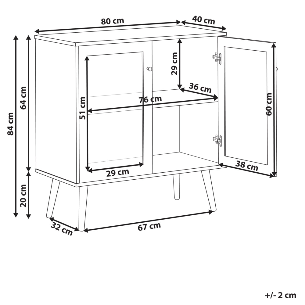 Credenza a 2 ante in truciolato marrone chiaro con gambe in legno di pino 1 ripiano con frontale in vetro Stile minimalista