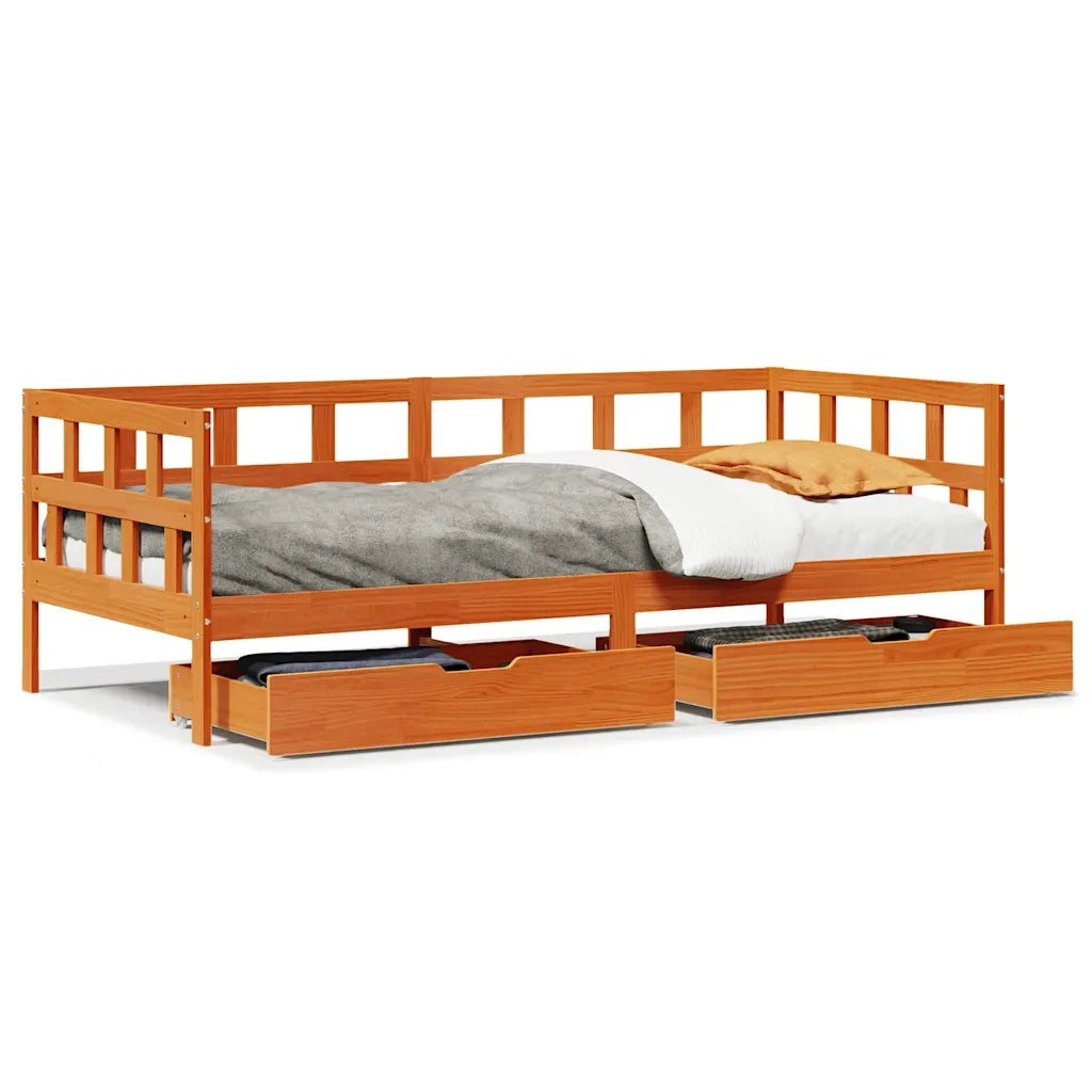 Divano Letto con Cassetti-Sofa Letto-Daybed Marrone Cera 80x200 cm Massello Pino