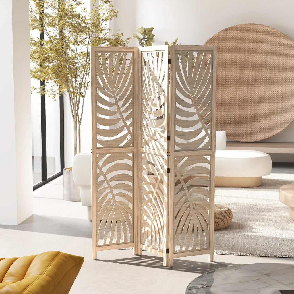 Paravento a 3 Ante Pieghevole in Legno ¨C zephmum ¨C Design Foglie 120x170 cm