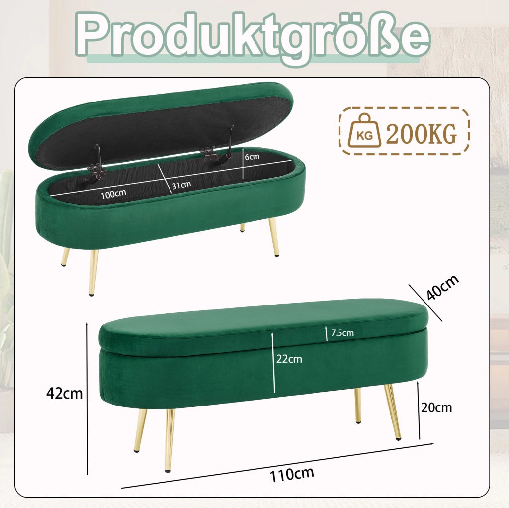 Panca contenitore ovale in velluto verde scuro 110x40x42 cm