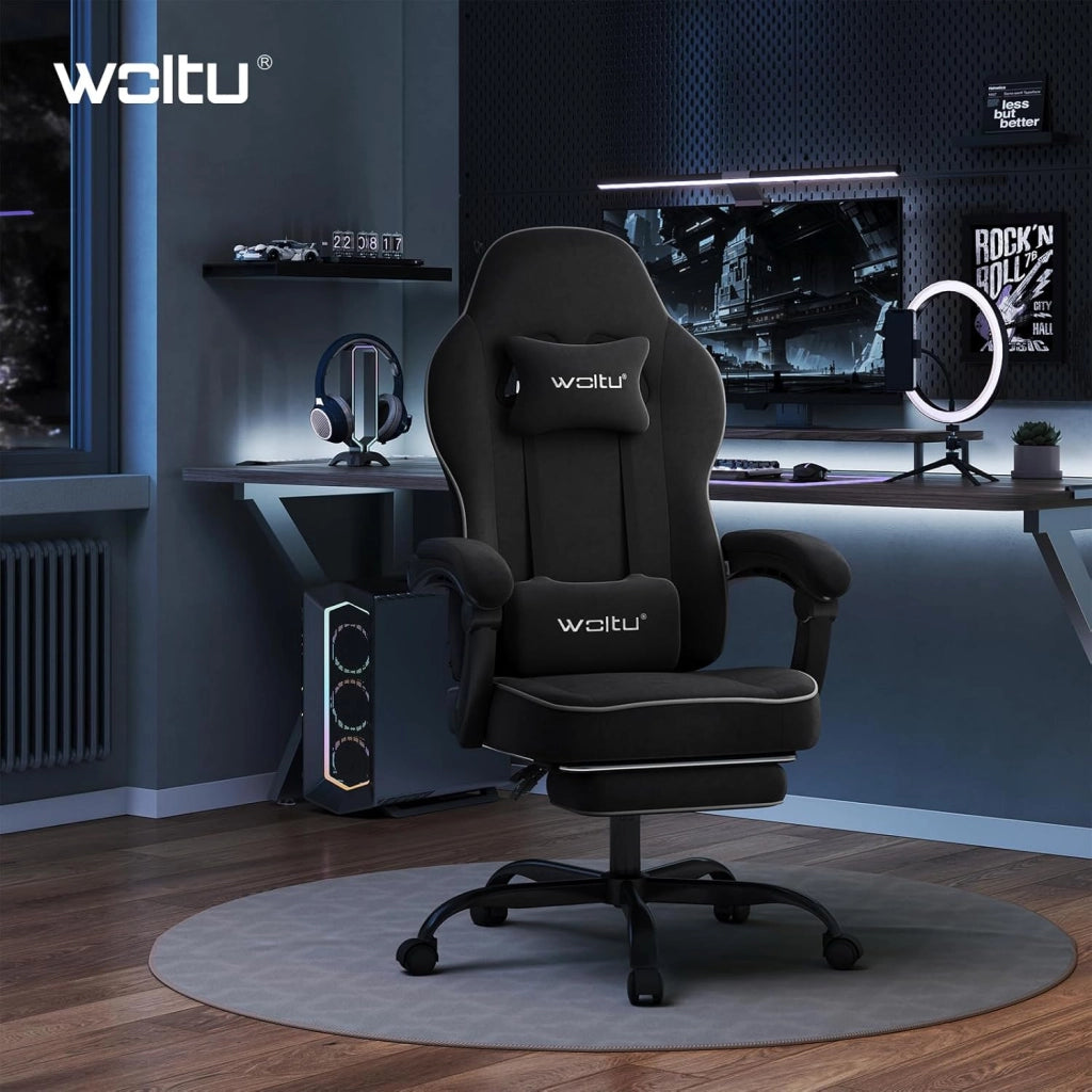 Sedia Gaming, Ampia Sedia da Ufficio Ergonomica Imbottita con Cuscino a Molla, Alta Capacità di Carico, Poltrona per Computer con Schienale Alto e Poggiapiedi, Tessuto Tecnologico, Nero, GS10sz