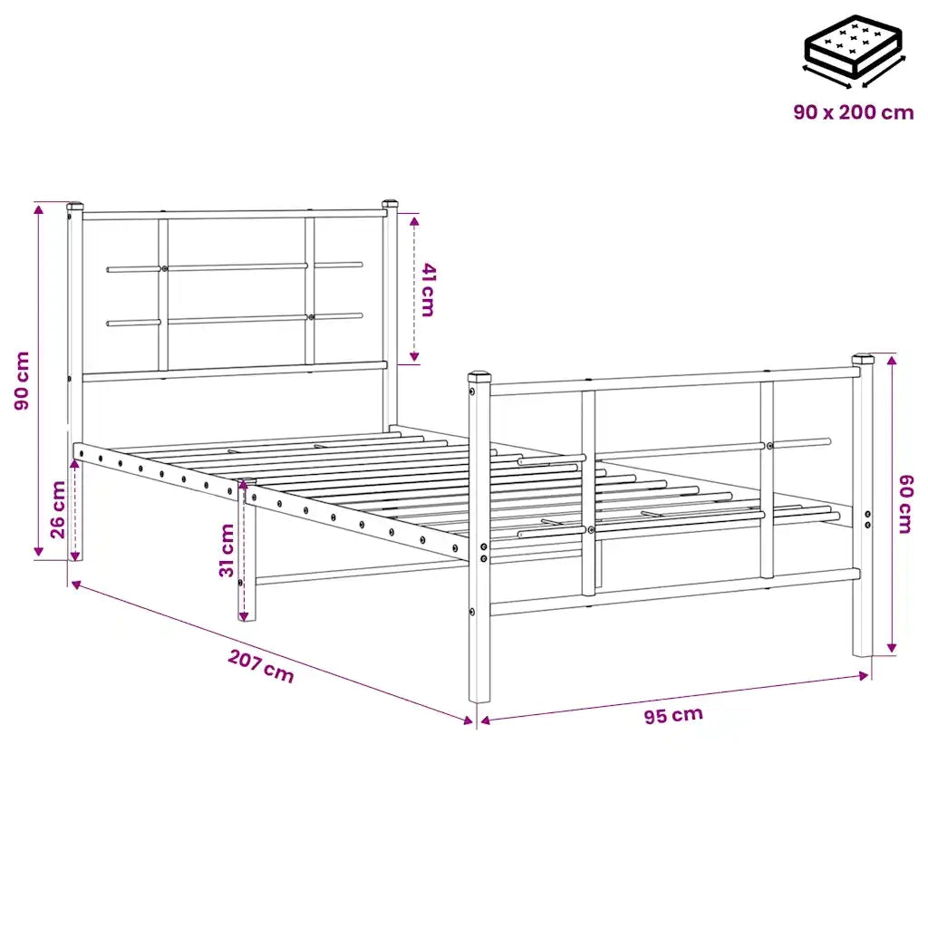Letto singolo | Letto per adulti | Giroletto con Testiera e Pediera Metallo Nero 90x200 cm