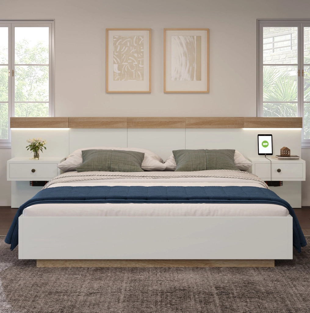 Letto matrimoniale 140x200 cm con 2 comodini LED e porte USB C; legno bianco e rovere Sonoma