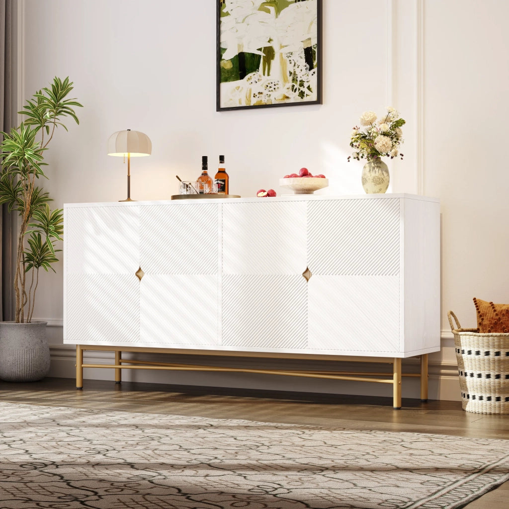 Sideboard bianco 160x40x82 cm, texture in rilievo, 4 ante, maniglie dorate spazzolate, gambe high-gloss