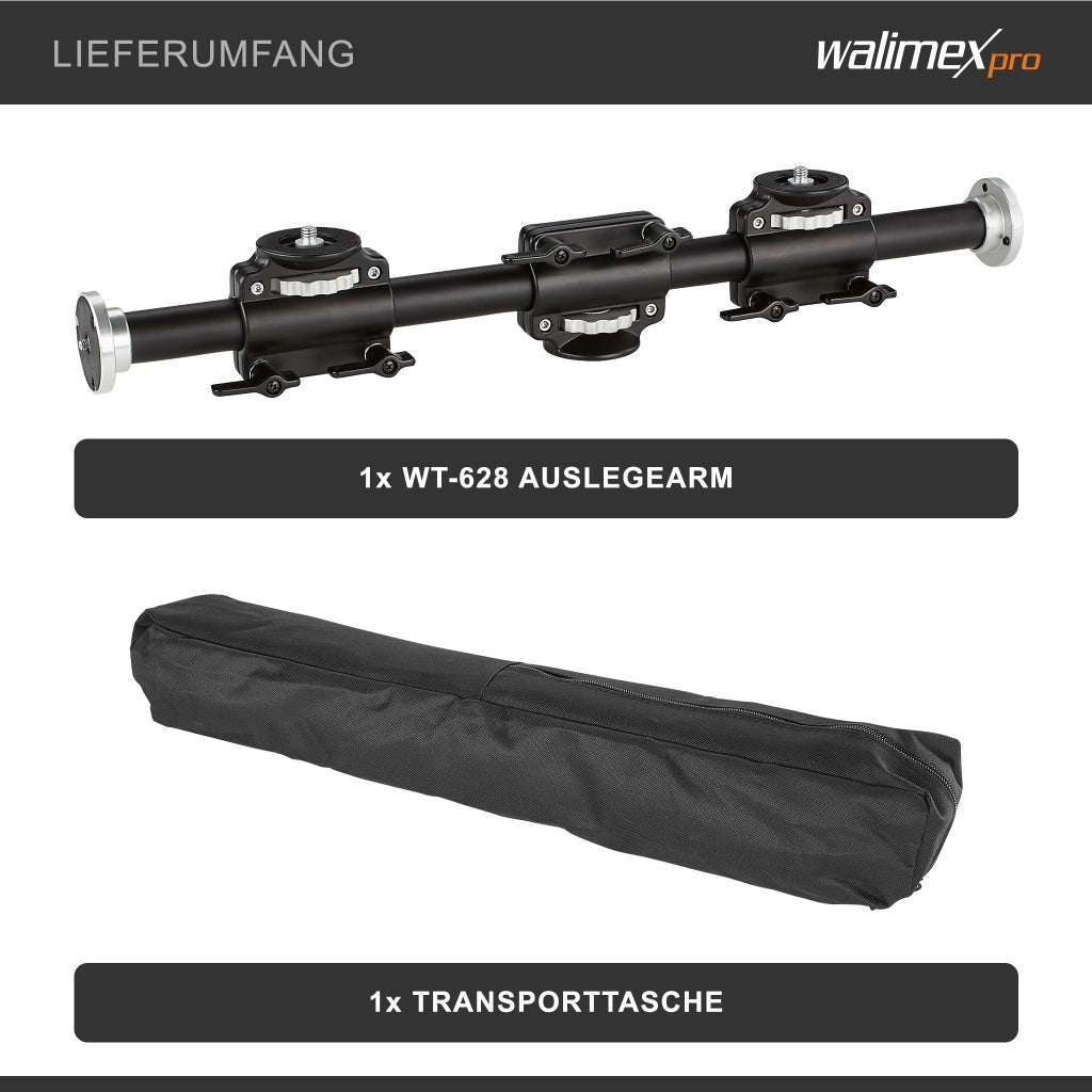 WT-628 Braccio di prolunga per treppiede 60 cm, slitta fotocamere, max 4 accessori, per stativi fotografici con filettature 2x 3/8'' e 2x 1/4''