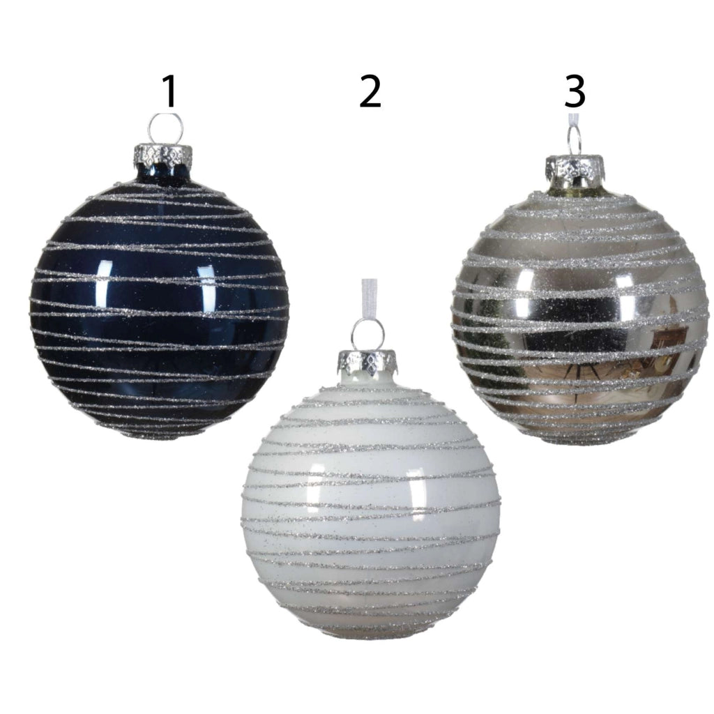 Palle in vetro smaltate glitter argento 8 cm