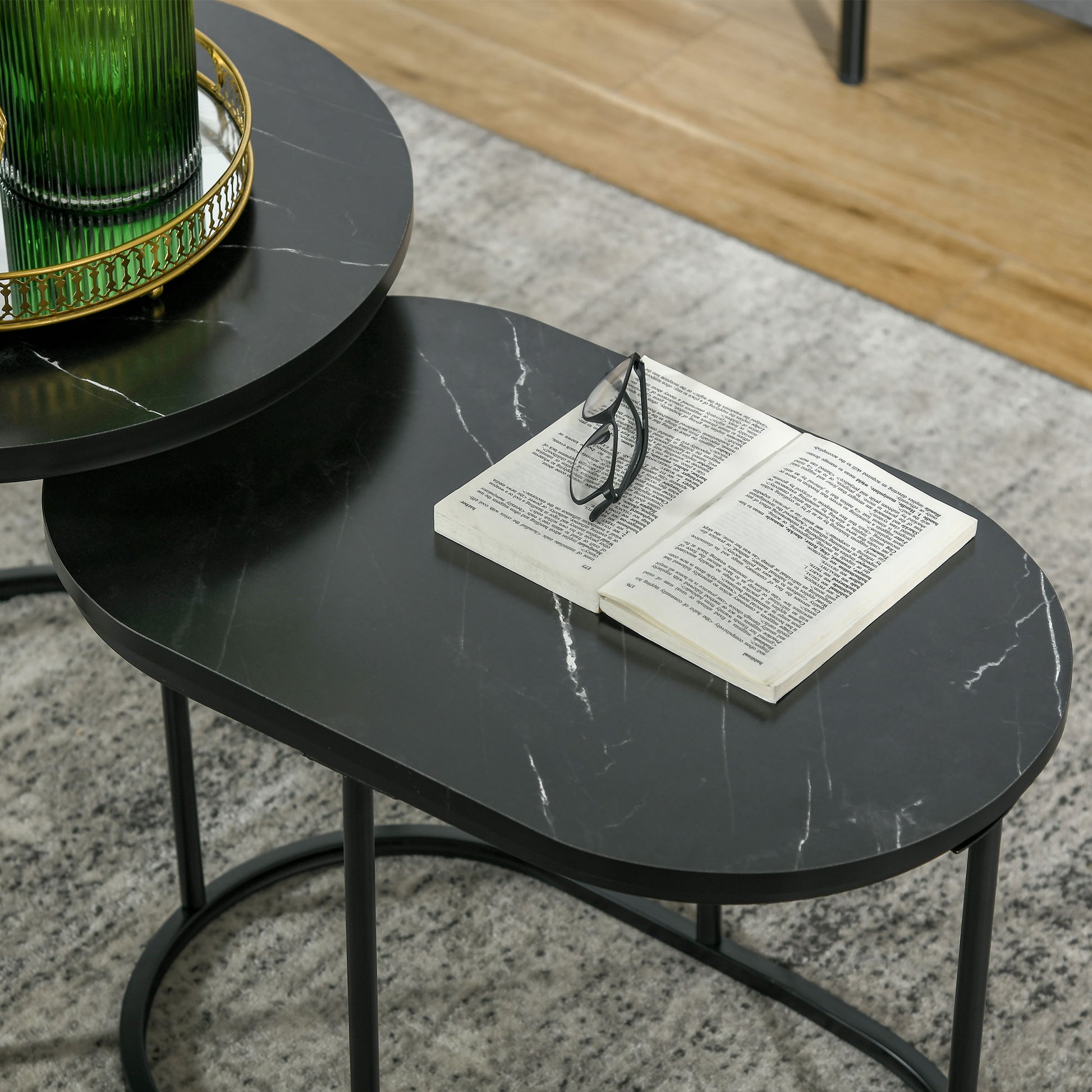Set 2 Tavolini Sovrapponibili Ø50x50,5 cm e 60x36x43,5 cm con Piano Effetto Marmo Nero