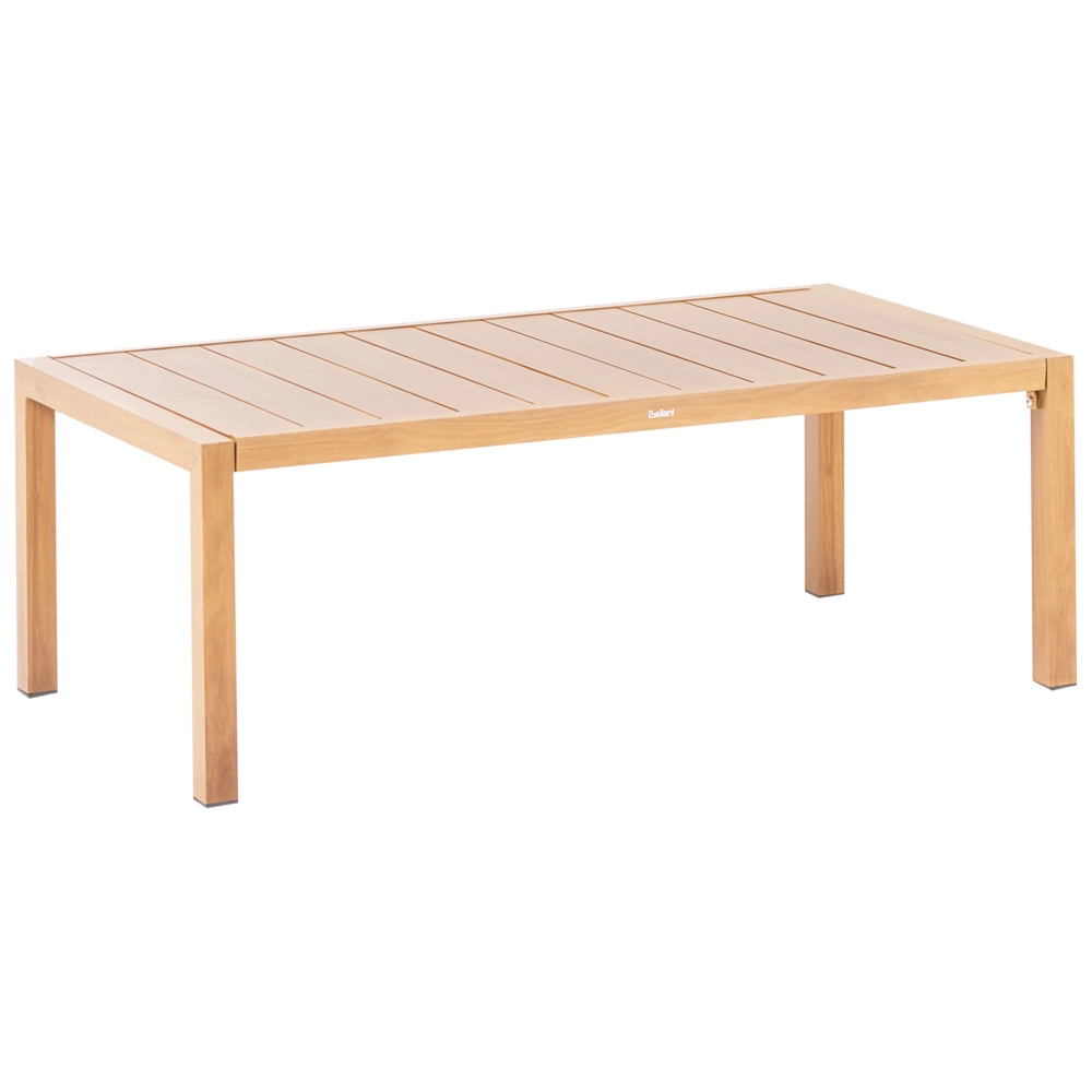 Set da giardino a 5 posti con struttura in metallo rivestimento in finto legno con tavolo e cuscini in tessuto marrone chiaro stile moderno