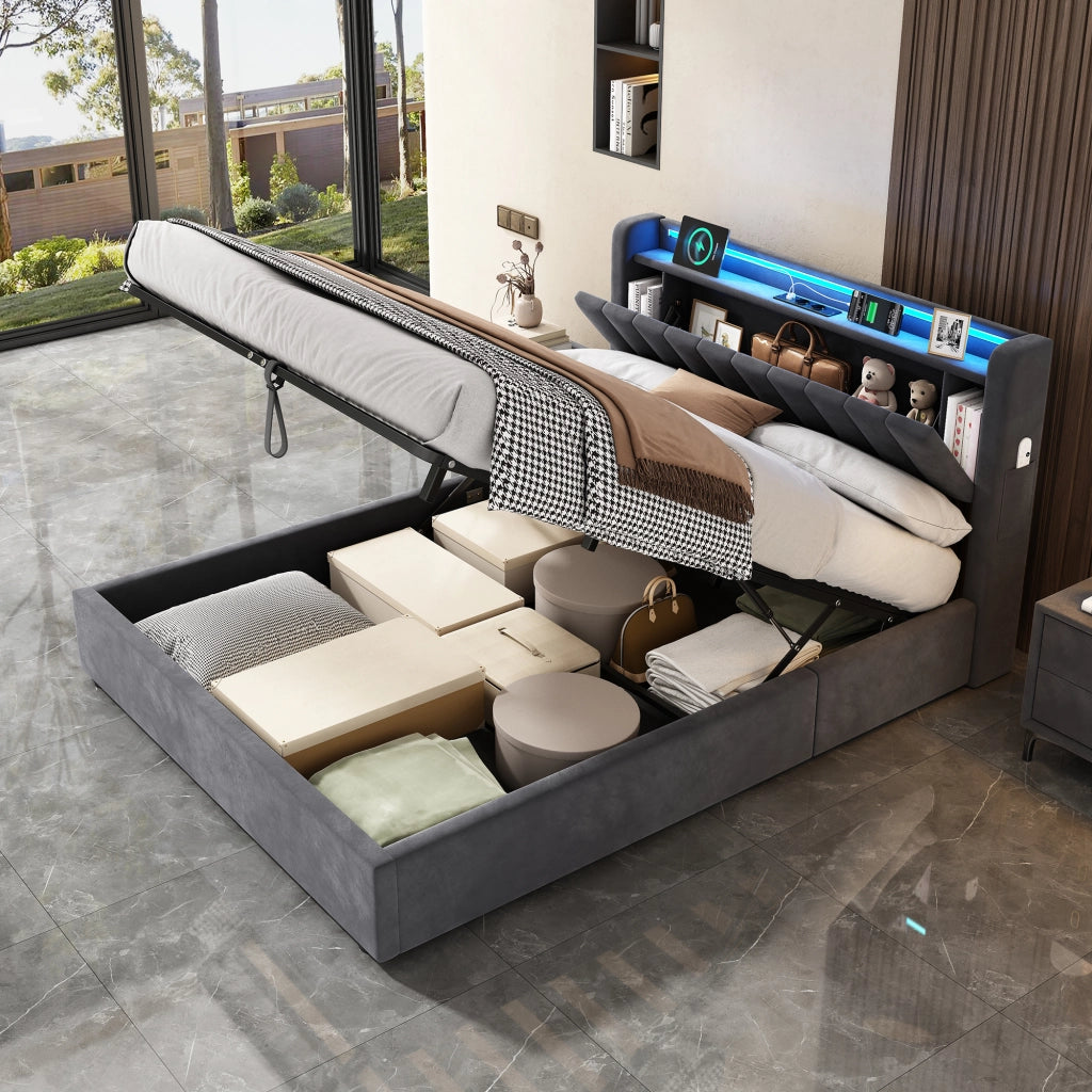 Letto imbottito 140x200 cm in velluto con contenitore, LED e porta USB