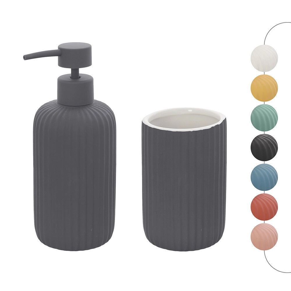 Set accessori bagno in ceramica grigio con dispenser sapone e due portaspazzolini Spring