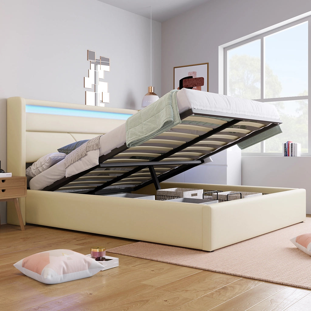 Letto matrimoniale imbottito 140x200 cm con contenitore e LED, bianco