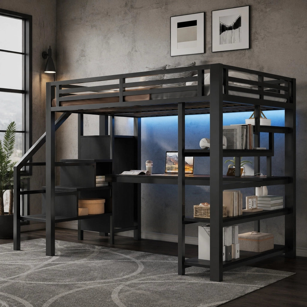 DESMIU Letto a soppalco 140 × 200 cm 2 posti con armadio, scrivania, ripiani, LED, senza materasso, in metallo, nero