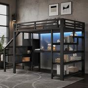 DESMIU Letto a soppalco 140 × 200 cm 2 posti con armadio, scrivania, ripiani, LED, senza materasso, in metallo, nero