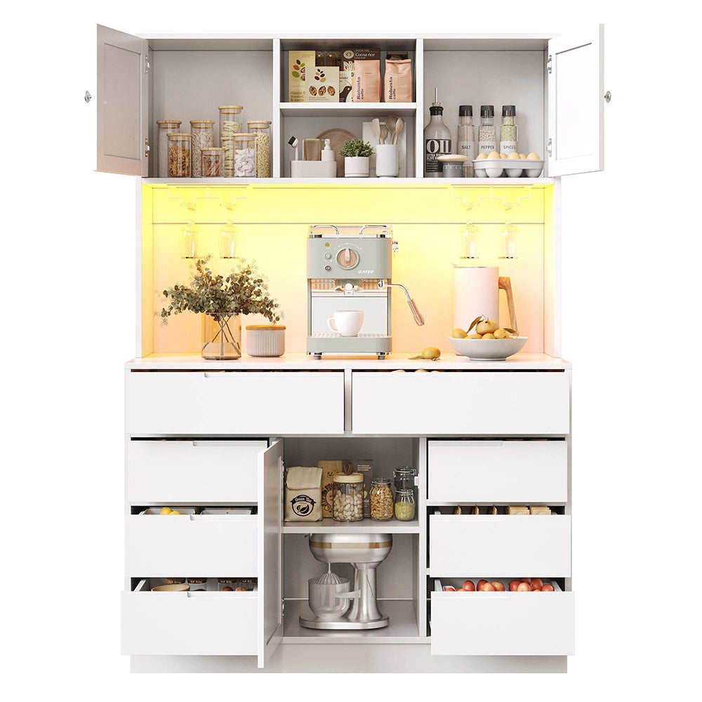 Armadio da cucina moderno con illuminazione LED intelligente - Xylo - 120x40x183,5 cm, bianco, 8 cassetti, chiusura magnetica, ripiani regolabili