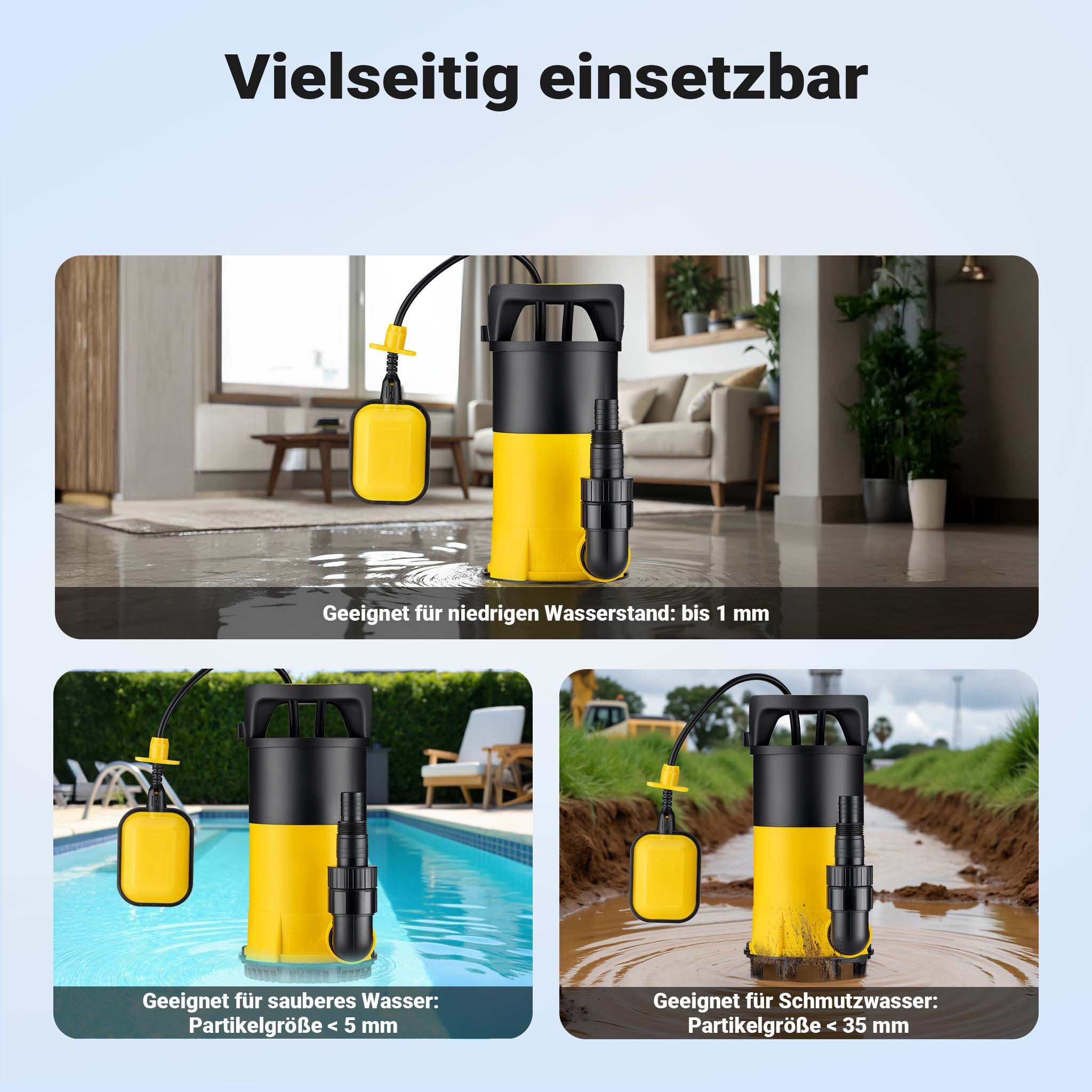 Pompa sommersa ad aspirazione piatta 3in1 850 W, portata 15000 l/h, per acque chiare e scure, con galleggiante e termoregolazione, per cantine, stagni, piscine, pozzi