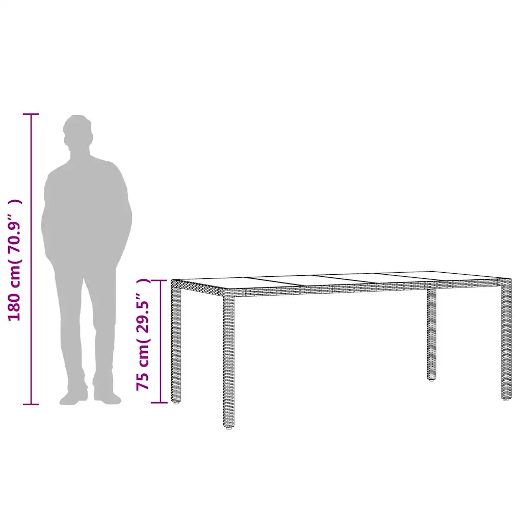 Tavolo da Giardino | Tavolino da esterno Piano in Vetro Nero 190x90x75 cm Polyrattan