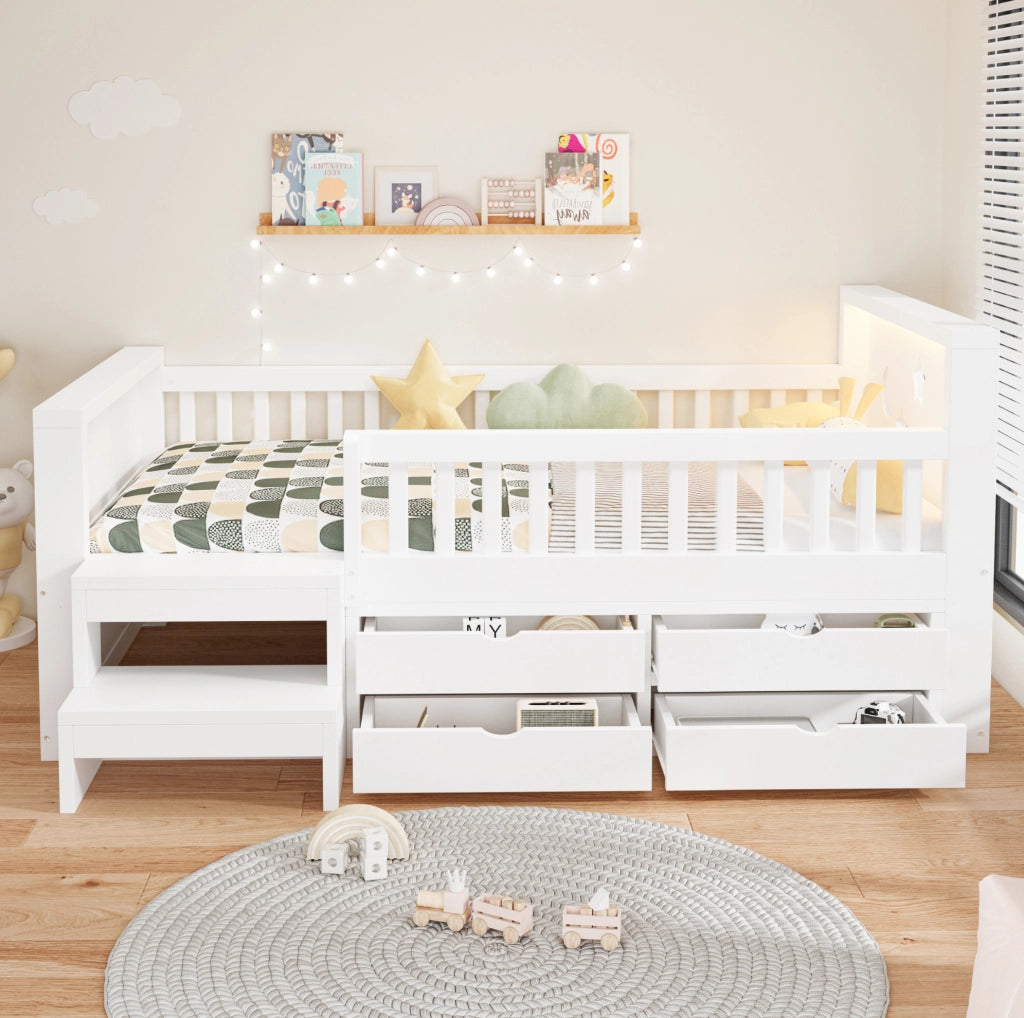 Letto per bambini 90x200 cm con LED, 4 cassetti e sponde in MDF bianco