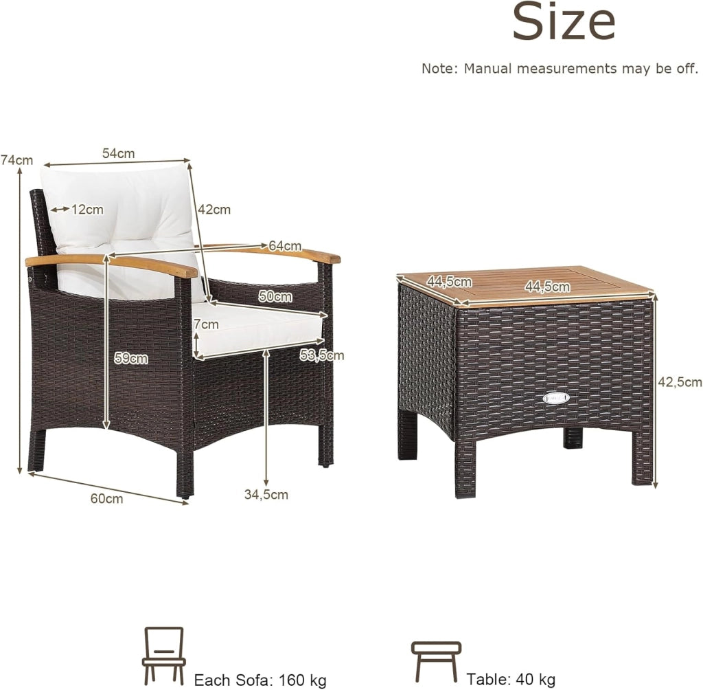 Set di 3 mobili da giardino in rattan e legno di acacacia, mobili da balcone con 2 poltrone e 1 tavolino, per giardino, balcone, marrone e bianco